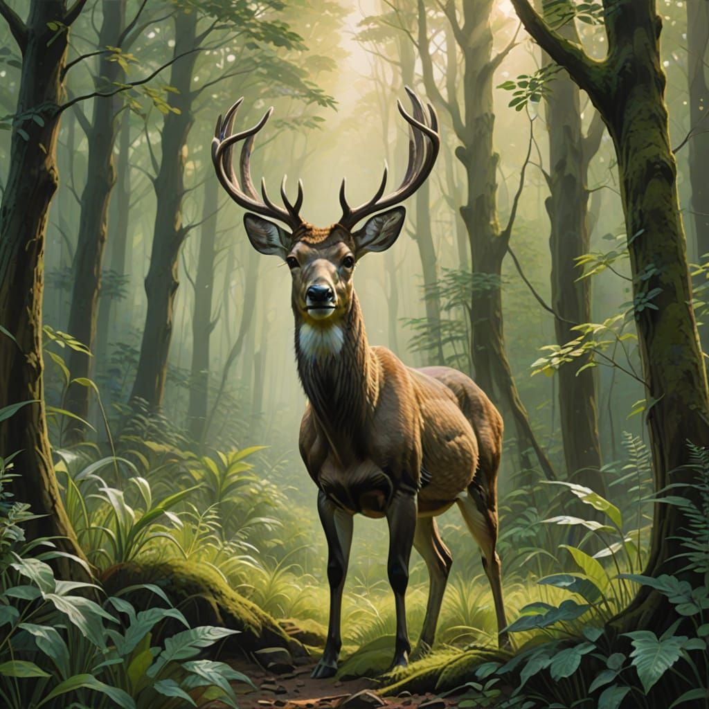 A male musk deer in a forest
