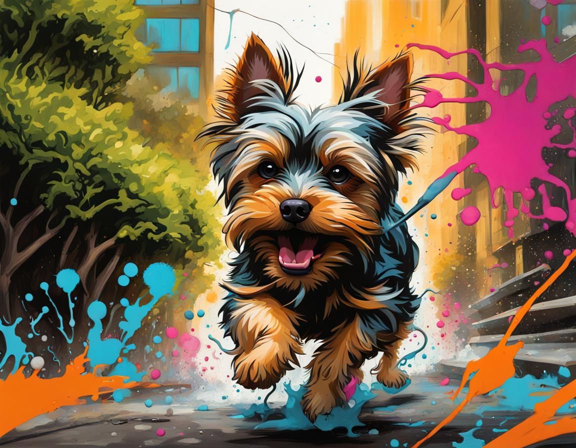 Yorkshire Terrier Graffiti Art Chasing Rat