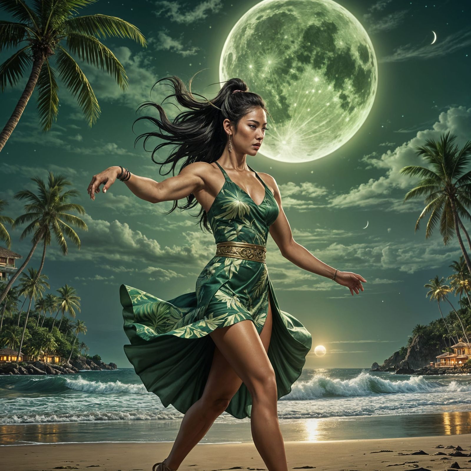 Graceful Woman Dancing on Tropical Beach at Night