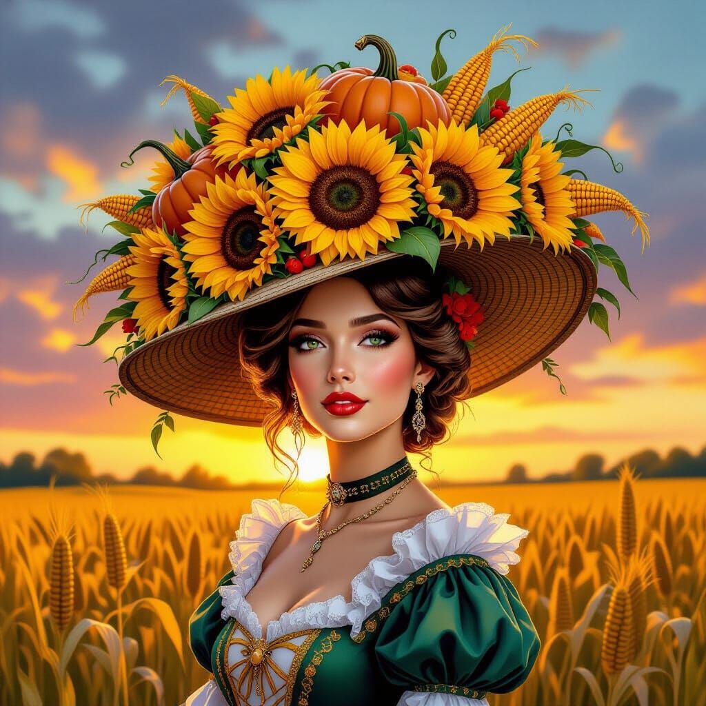 Regal Woman in Autumn Harvest Hat at Sunset