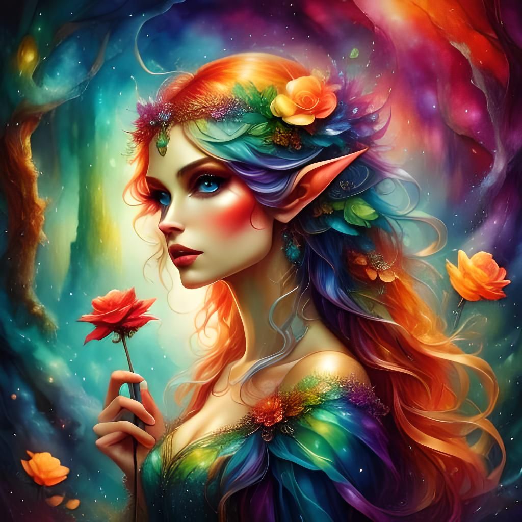 Ethereal Rainbow Elf with Sparkling Eyes