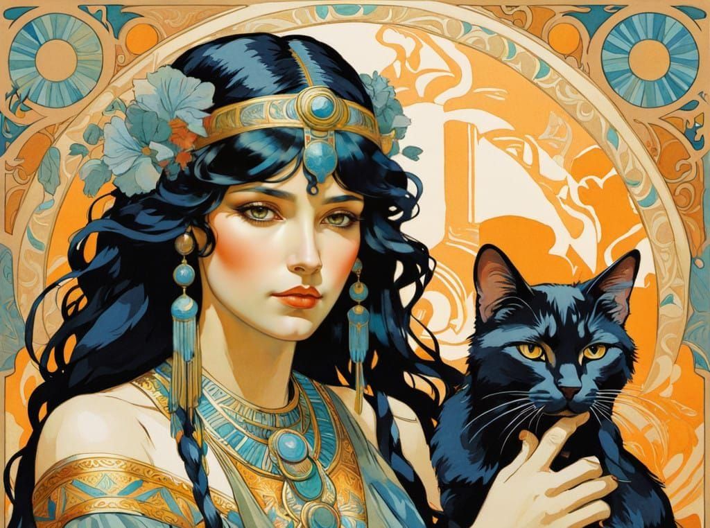 Black Haired Woman in Egyptian Style, Art Nouveau Influences