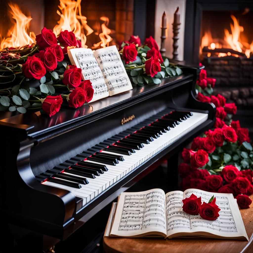 Burning Piano Surrounded by Roses: Professional Photography