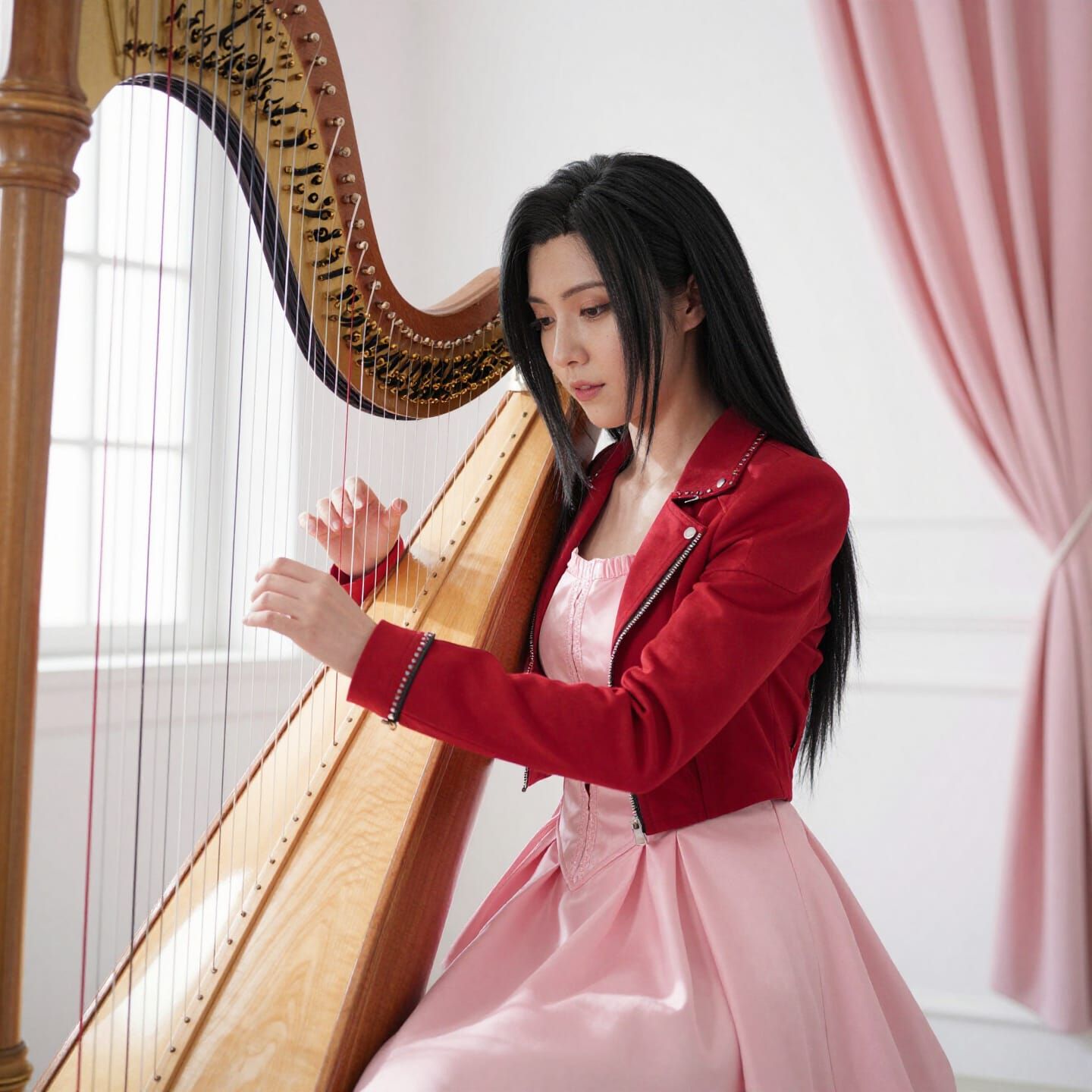 Aerith Gainsborough Plays Harp in Sunlit Room