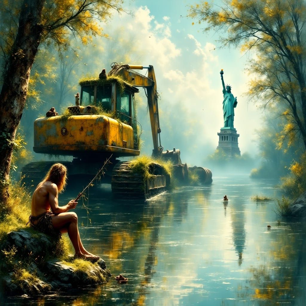 Hyperrealistic Primitive Man Fishing by Overgrown River