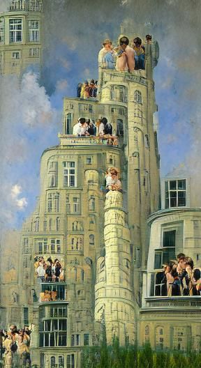 Youthful Party Before a Grand Building: Golden Age Illustrat...