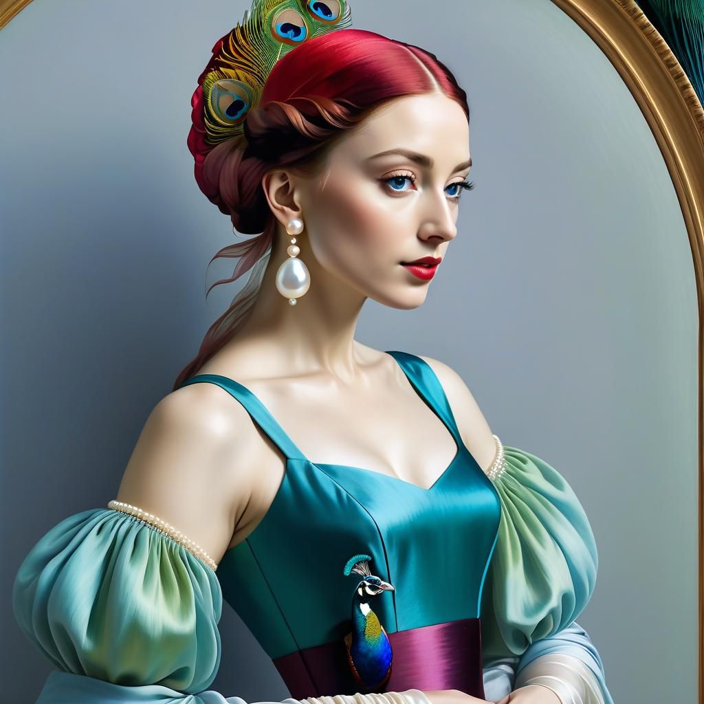 Girl with Pearl Earring and Peacock, Pre-Raphaelite Style