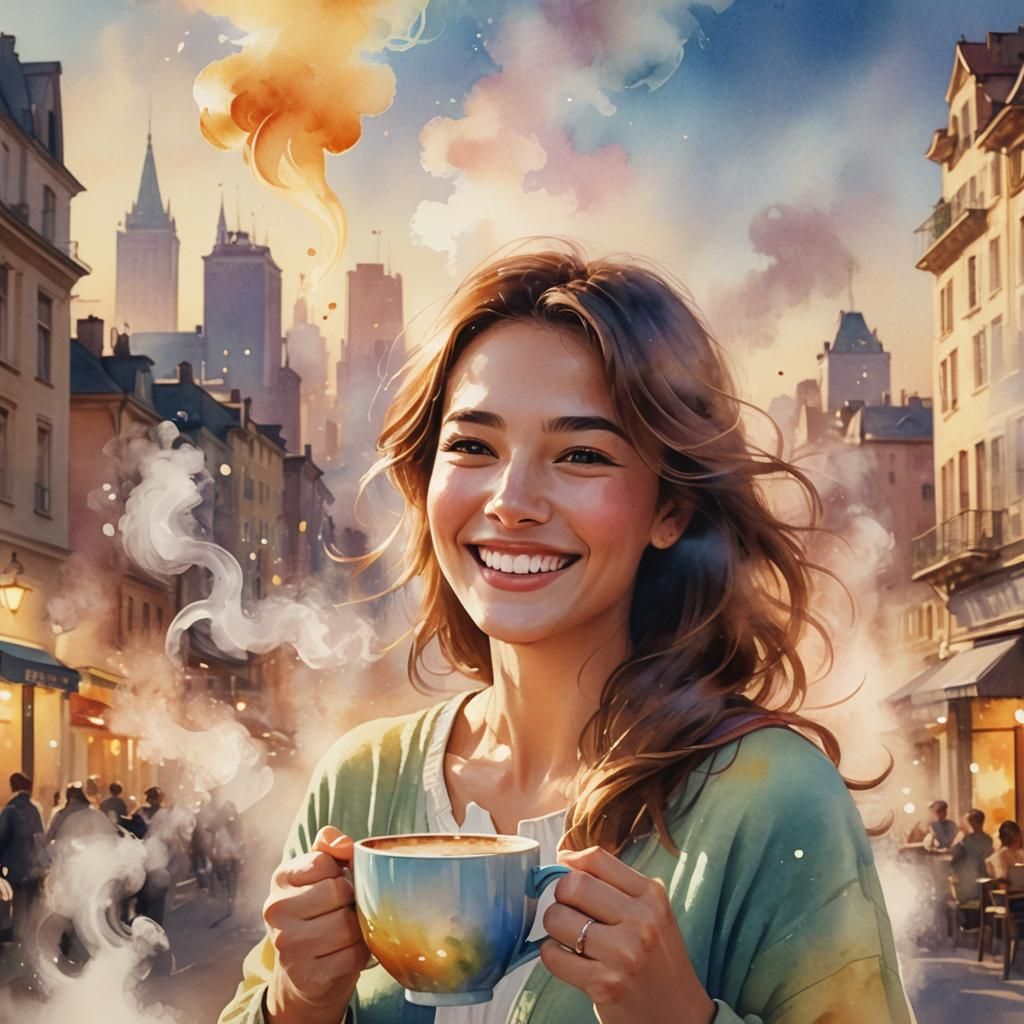 Smiling Woman with Coffee: Vibrant Digital Art