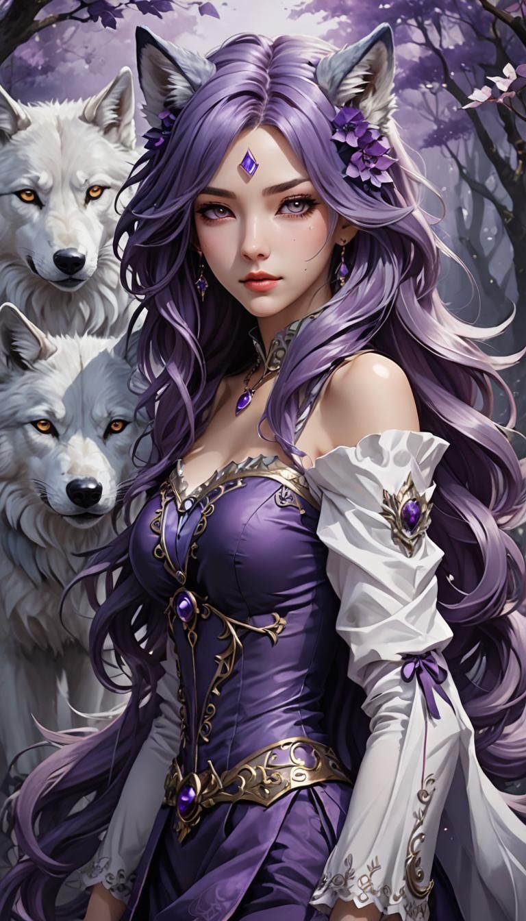 Anime Wolf-Woman with Purple Hair in Cel-Shaded Style