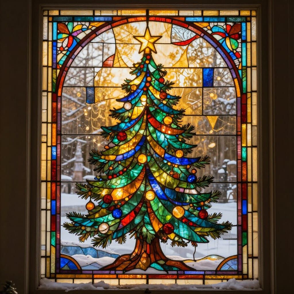 Vibrant Stained Glass Christmas Tree with Golden Glow