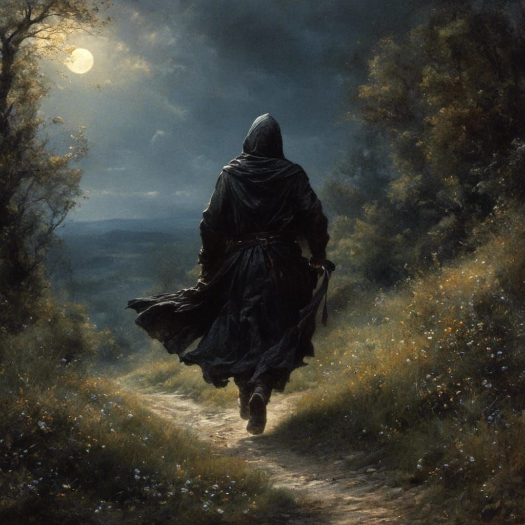Cloaked Thief Running in Moonlight: Dark Fantasy