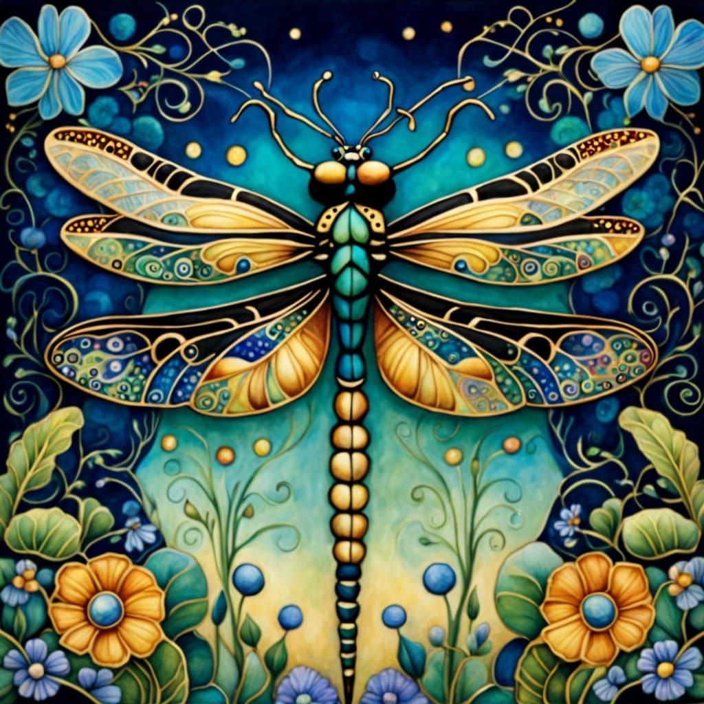 Watercolor Dragonfly in Vintage Gustav Klimt Style