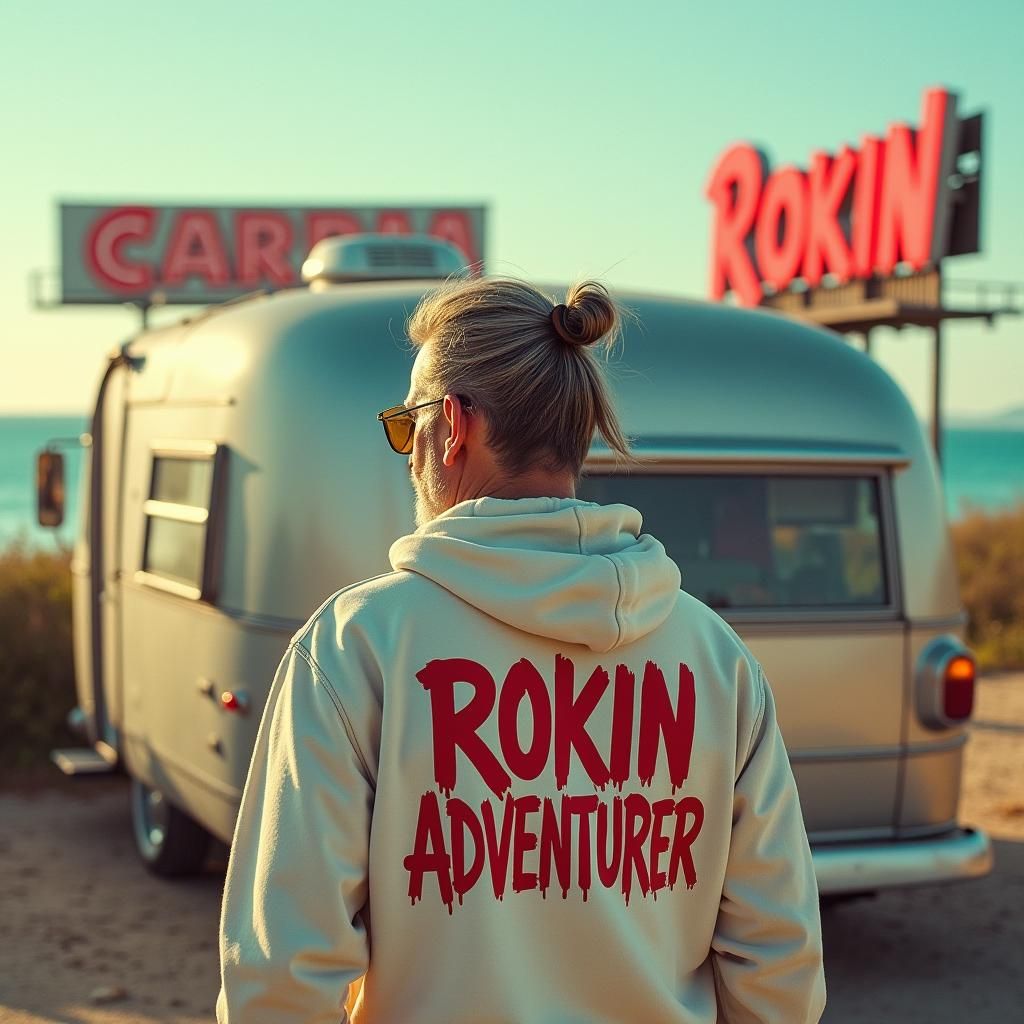 Rugged Adventurer in a Vintage RV: Cinematic Film Still