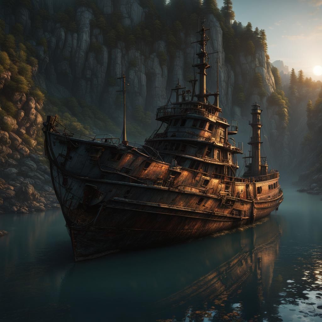 Gloomy Cove: Abandoned Vessel at Sunrise