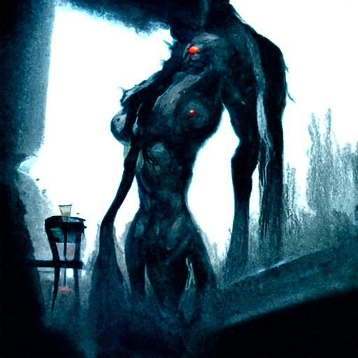 Sinister Nude Figure in Dark Cafe, Digital Art