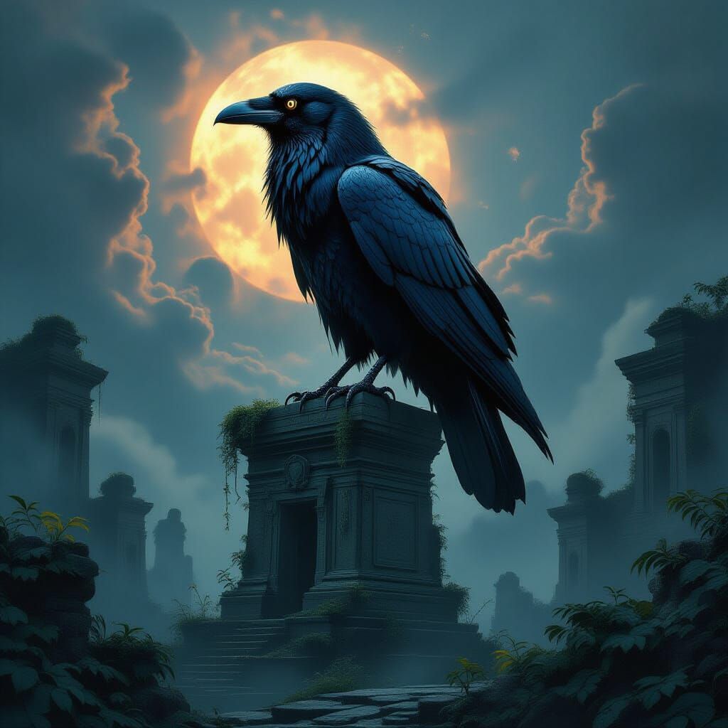 Ancient Raven on Alien Temple in Nebula Glow
