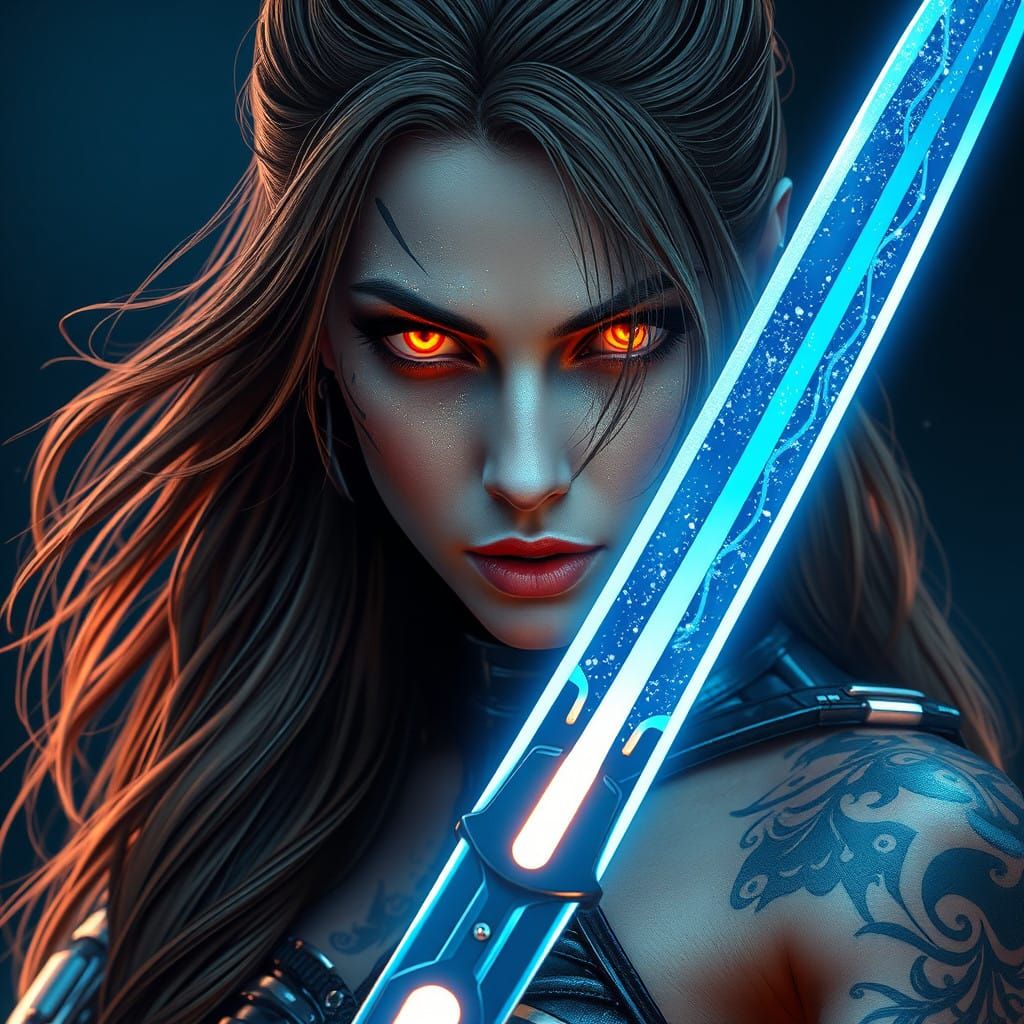 Cyborg Goddess of the Dark with Glowing Eyes