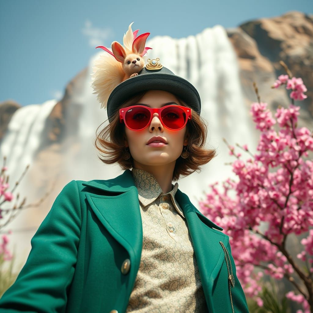 Elegant Steampunk Thief Caught in a Springtime Waterfall