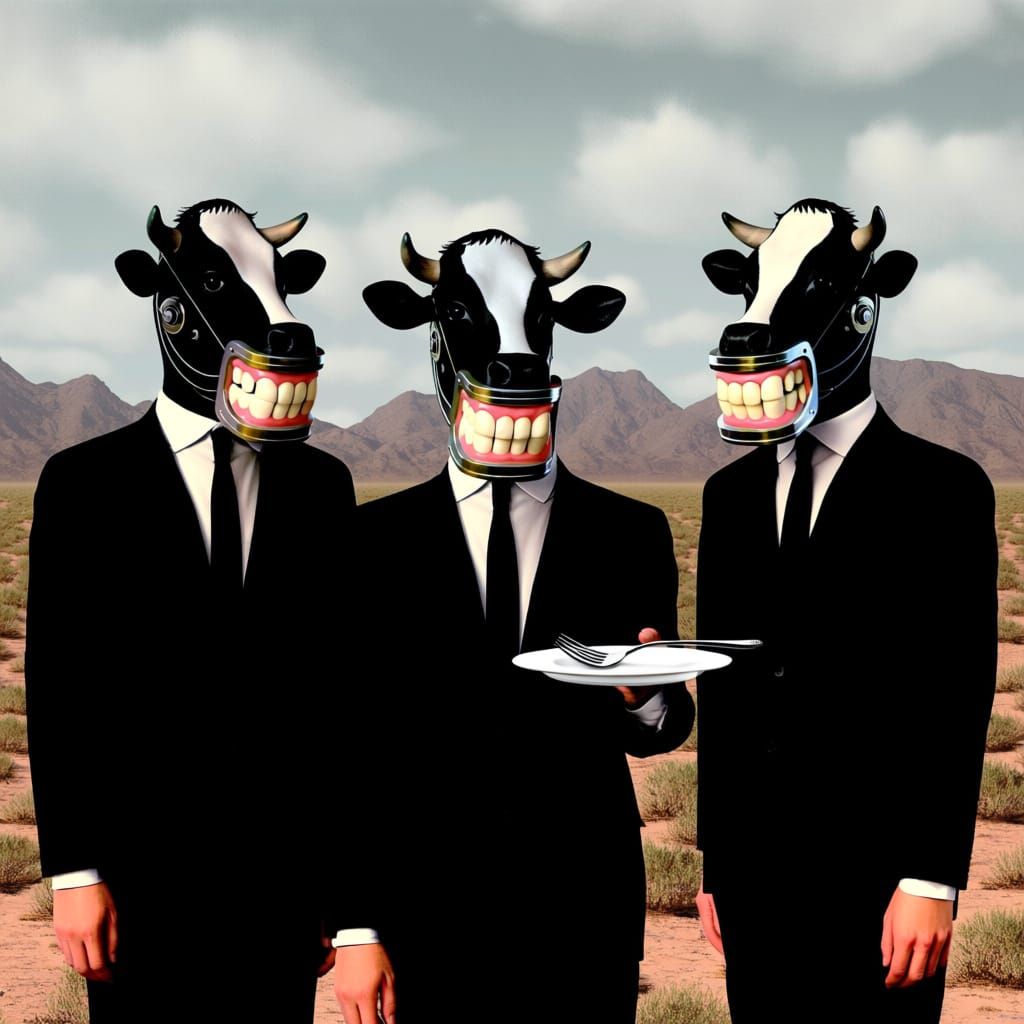 Surreal Cow Mask Figures in Arid Landscape