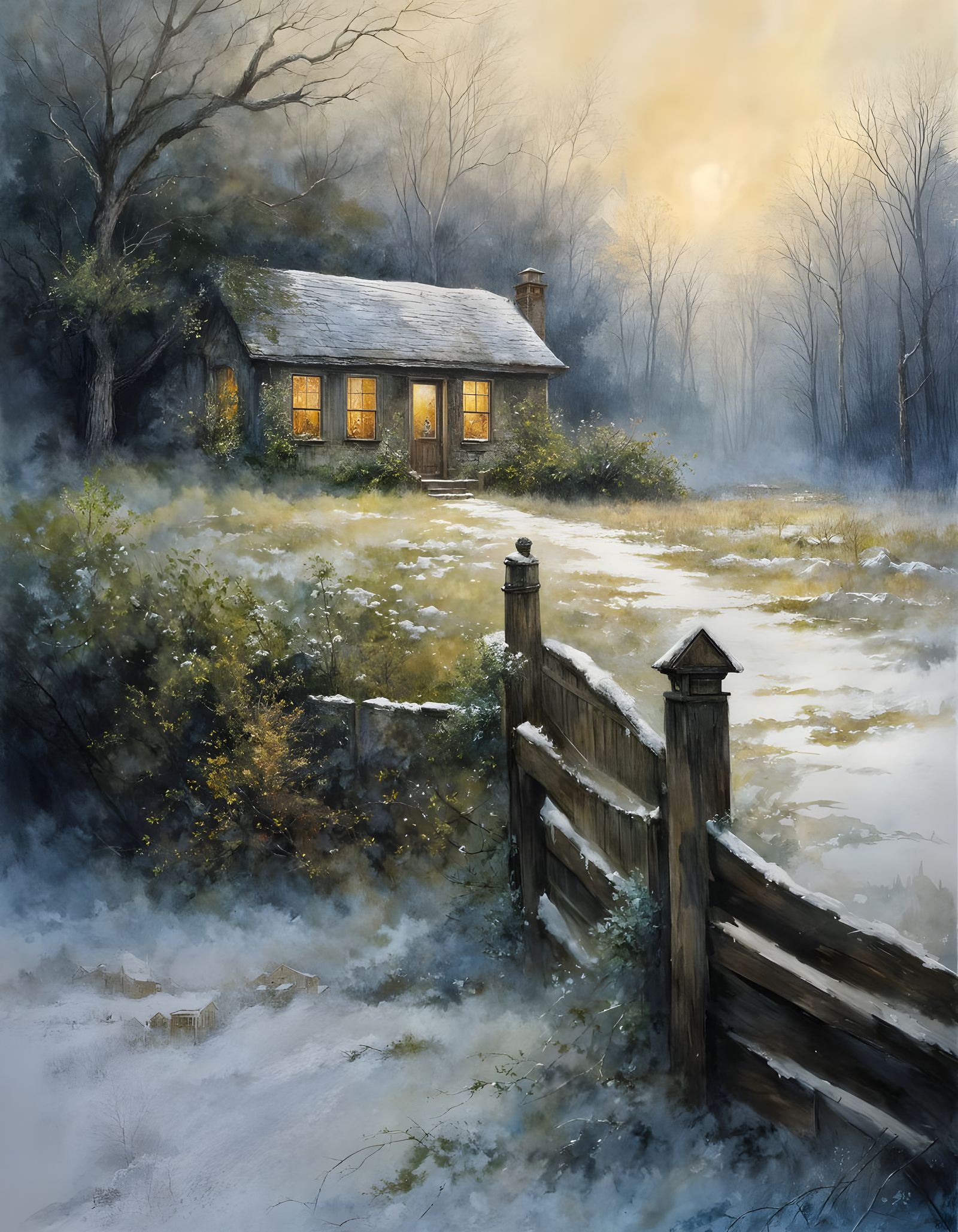 Christmas Night Landscape with Glowing Home