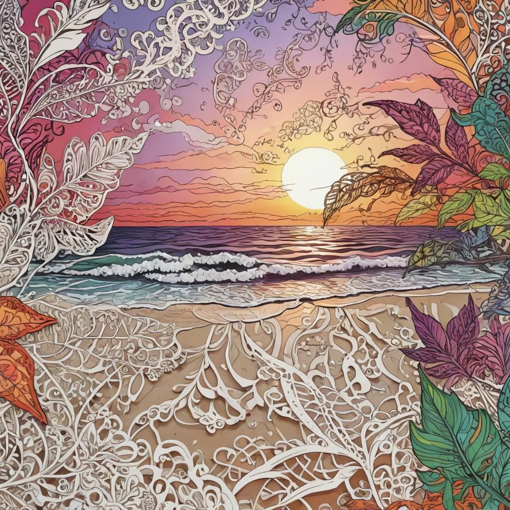 Vibrant Zentangle Sunset Beach Vector Art