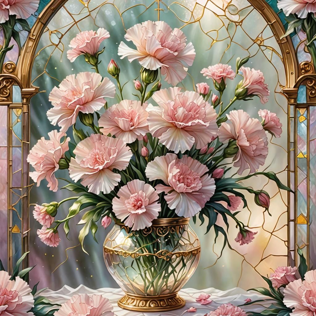 Carnations in Vase with Gold Sparkles, Digital Art