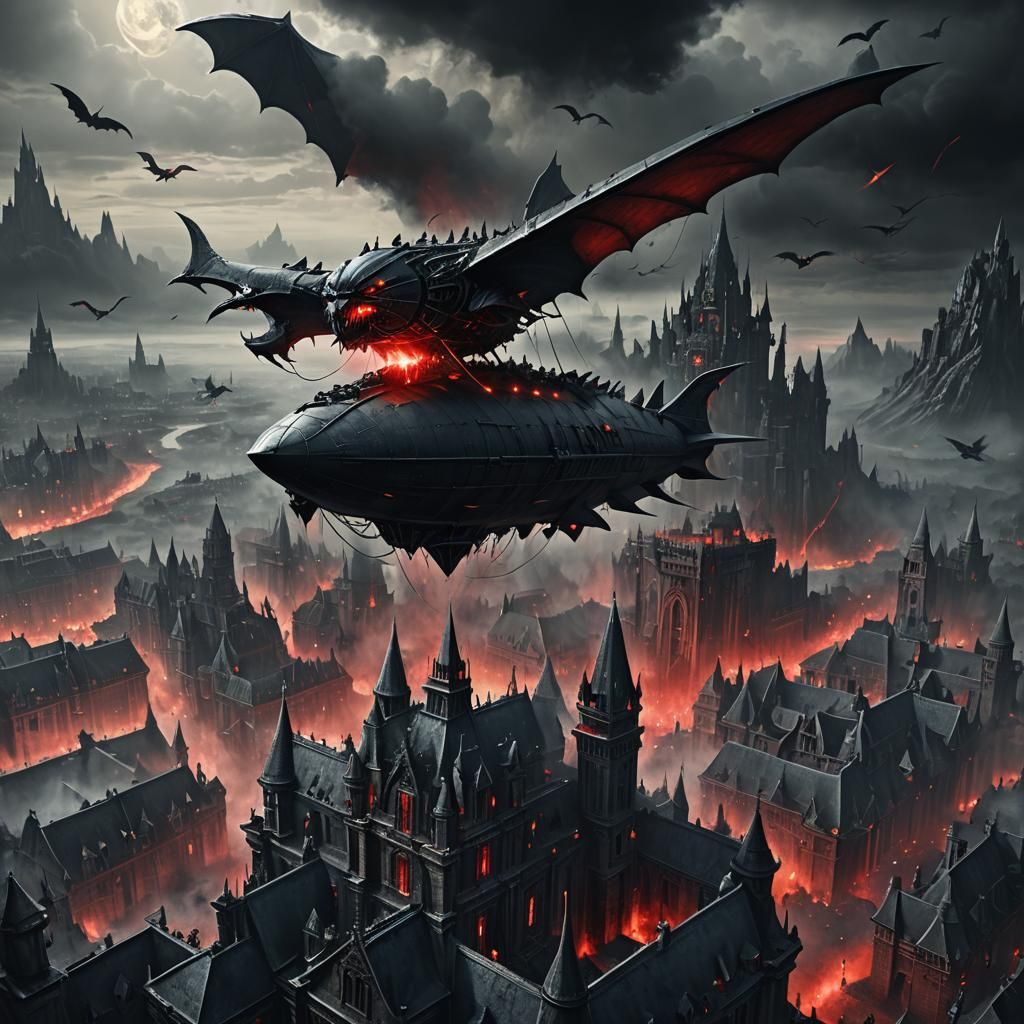 Dark Fantasy Airship Assault on Gothic Castle