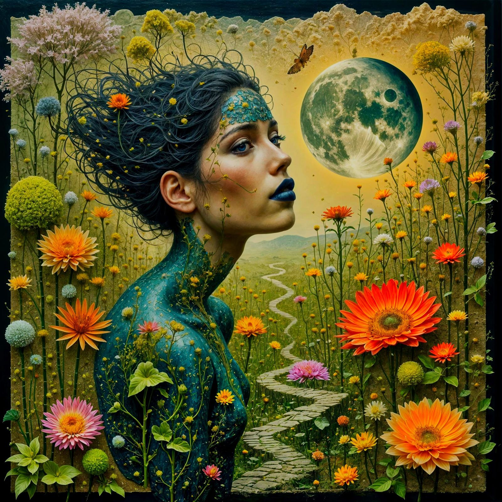 Ethereal Woman of Plants in Dreamy Floral Landscape