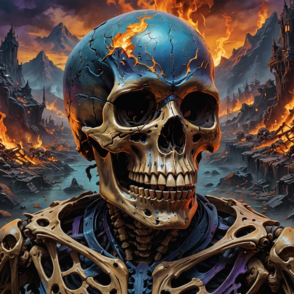 Burning Paradise: Hyper-Realistic Skull in Dark Fantasy Art