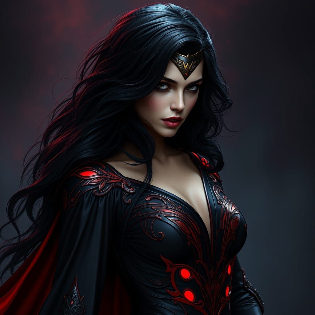 Elegant Superwoman in Dark Red Gown, Comic Book Style