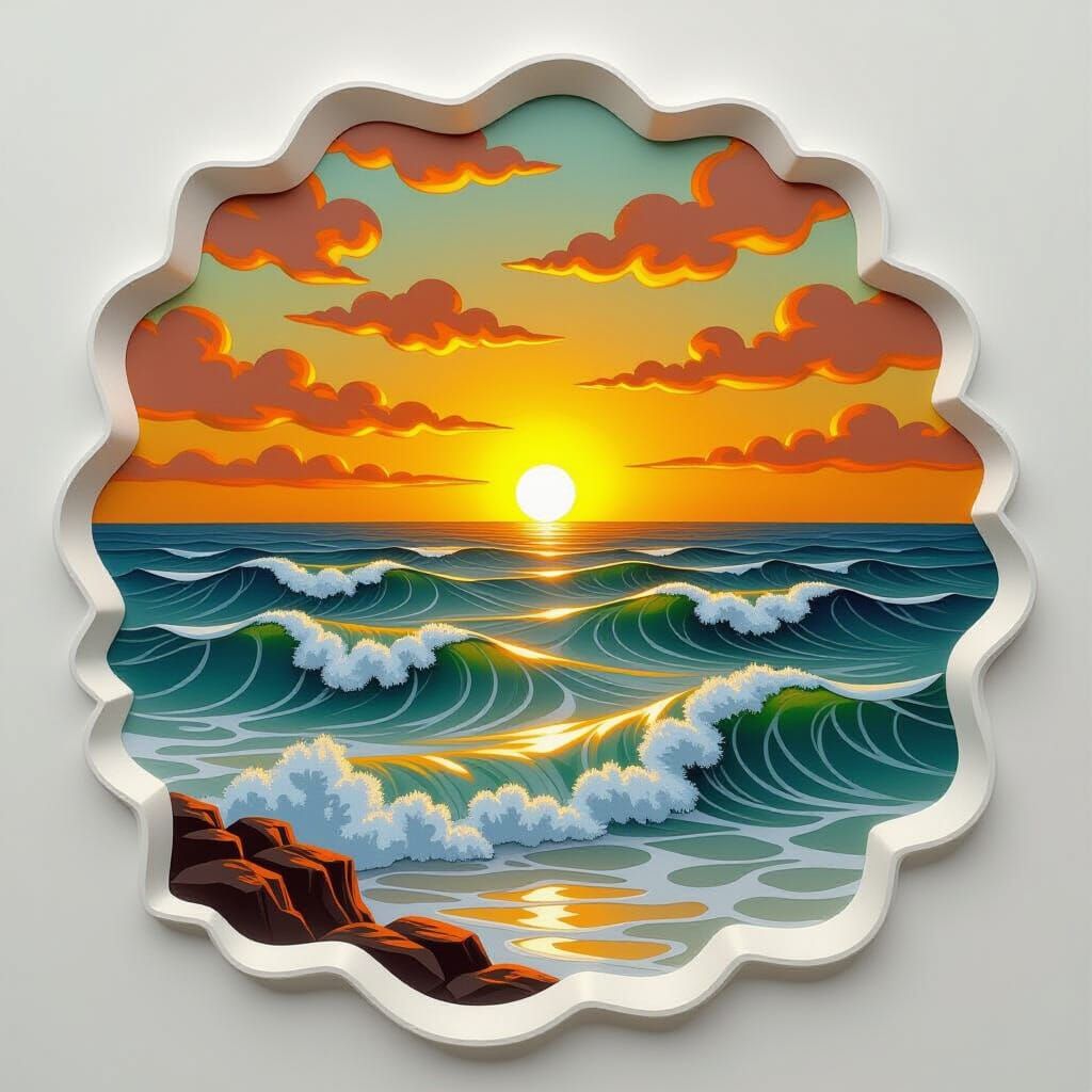 Dazzling Seascape Sunset in Bas Relief Style