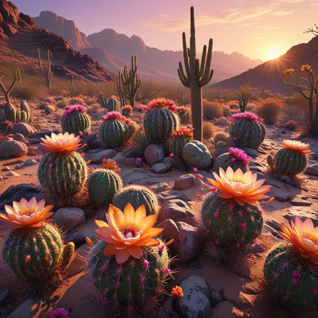 Desert Sunset with Flowering Cacti in Oil Painting Style
