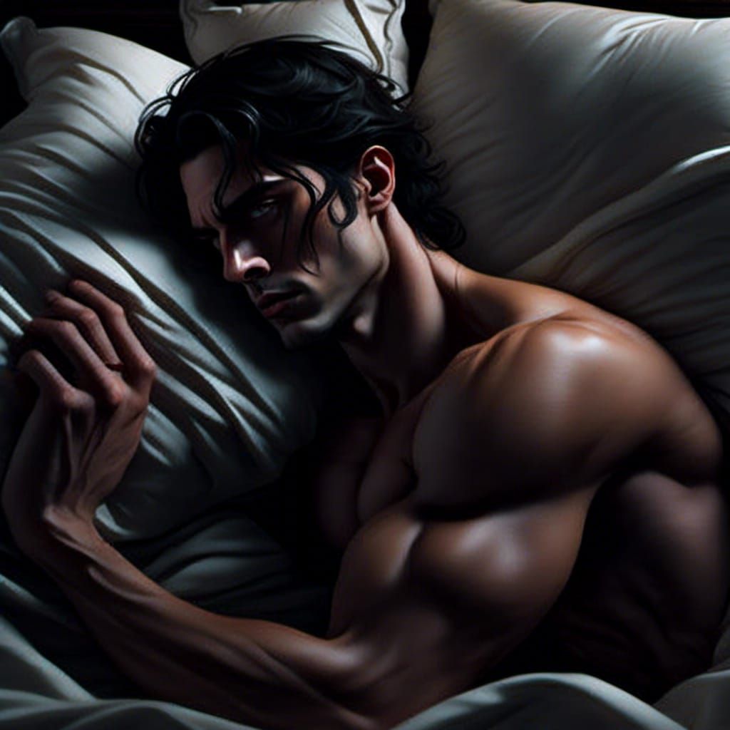 Hyperrealistic Hades Asleep in Satin Bed