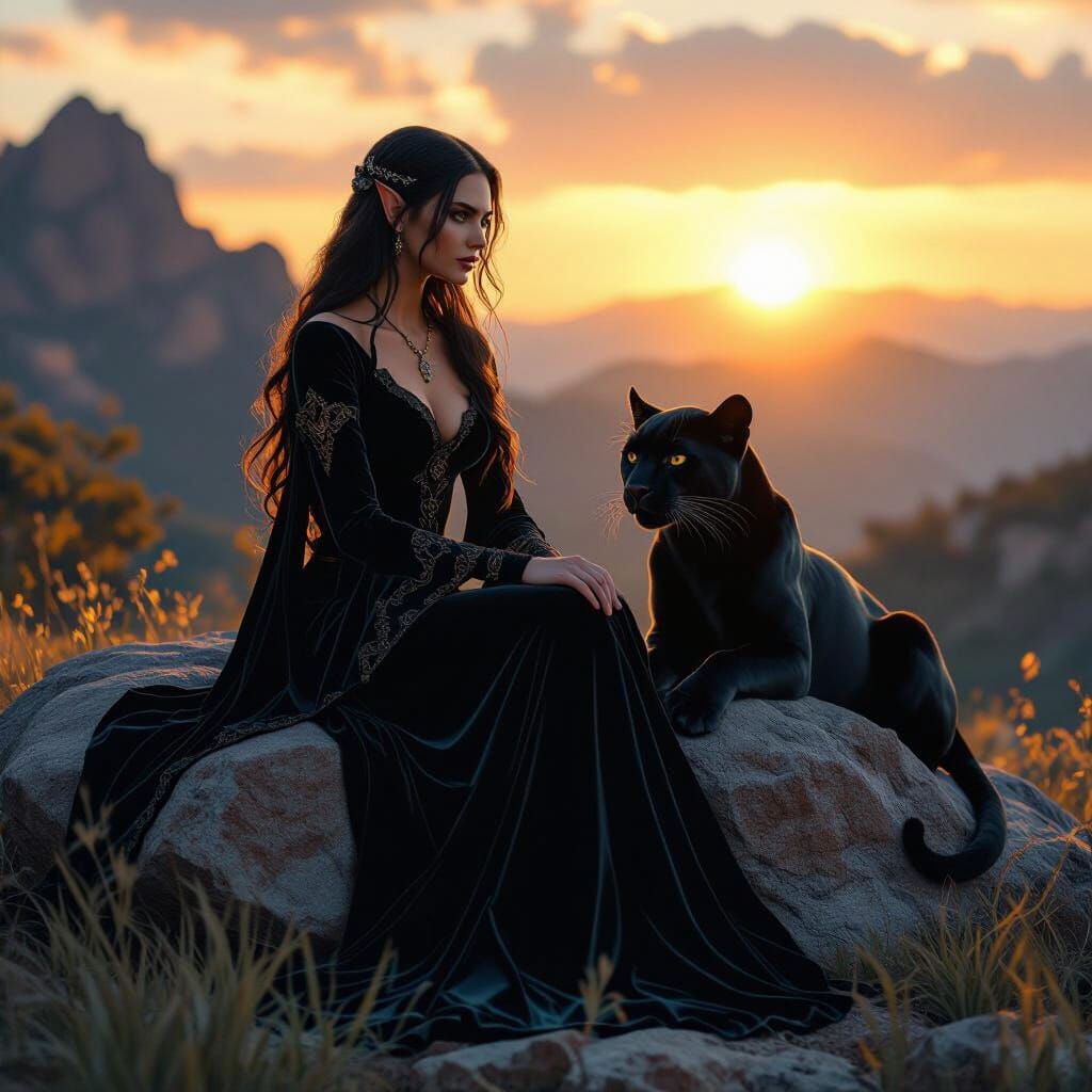 Elven Mage with Panther in Golden Sunset Light