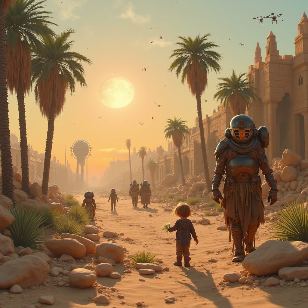 Child in Apocalyptic Ruins with Bioluminescent Glow