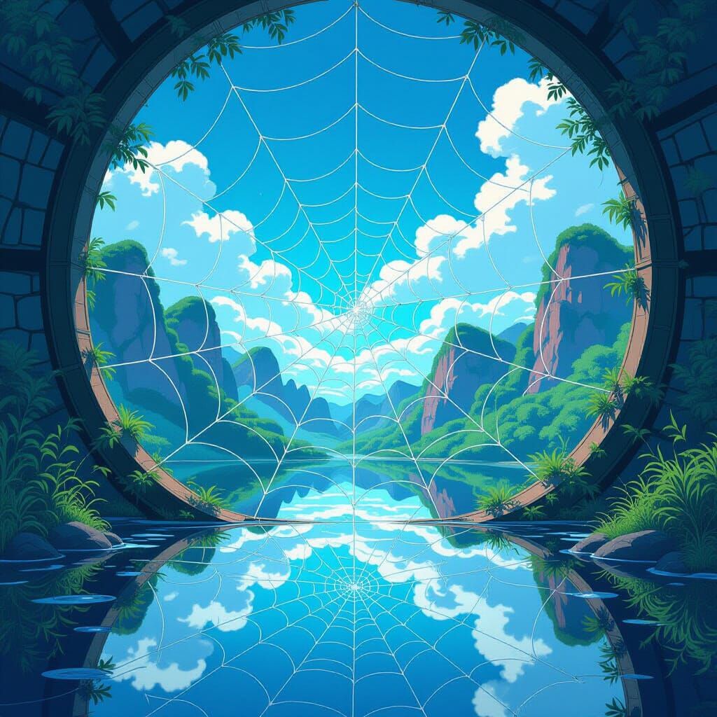 Infinite Spider Webs Reflecting Fantastical Landscapes in An...