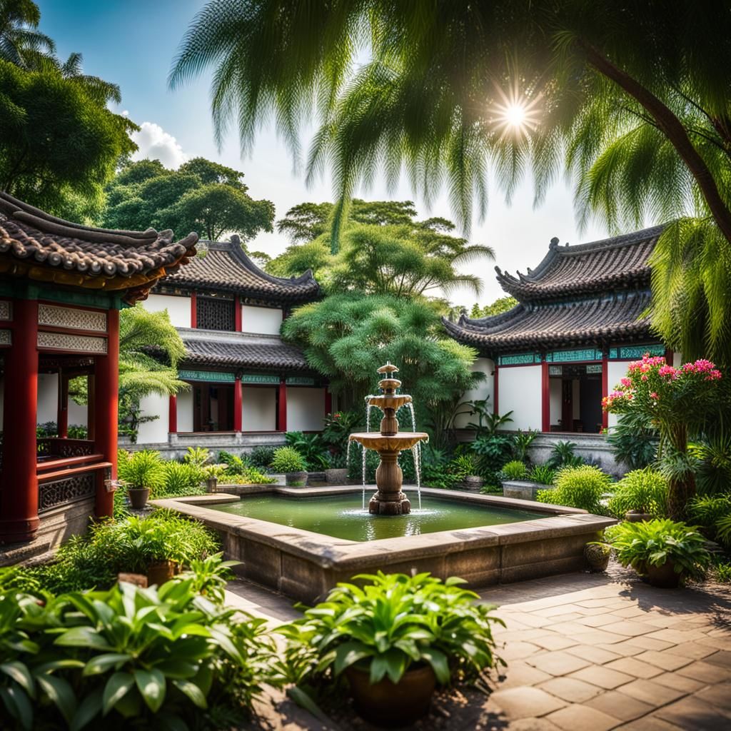 Tranquil Chinese Garden with Tropical Plants
