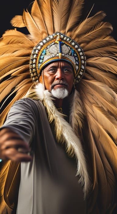 selfie of king Montezuma with aztec hat feathers . Photo by John Scofield, for national geographic cover, Hasselblad 500...