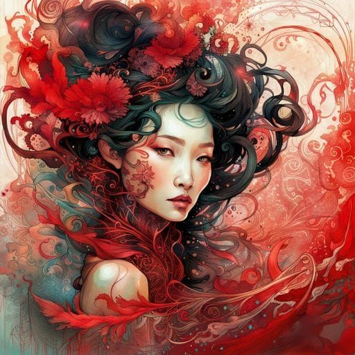 Ethereal Asian Woman in Ink Flow Art