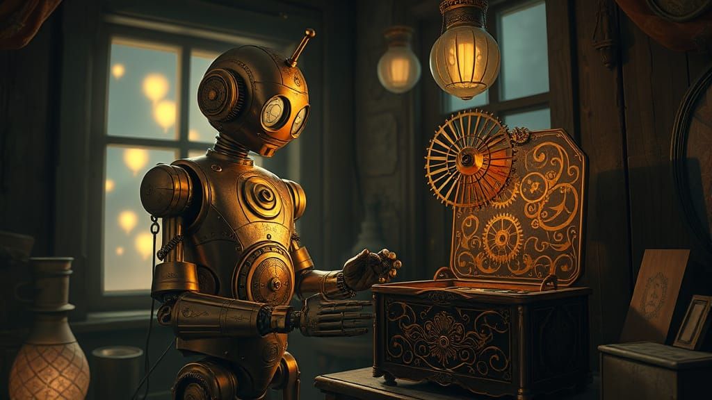 Surreal Steampunk Scene of a Robot Adjusting a Music Box