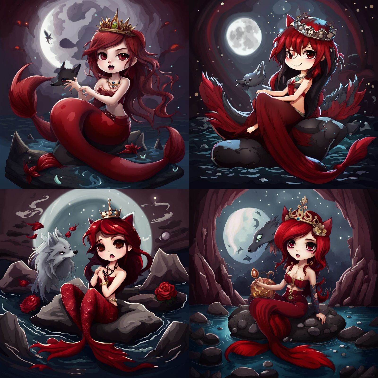 Chibi Wolf Mermaid Siren Singing at Night