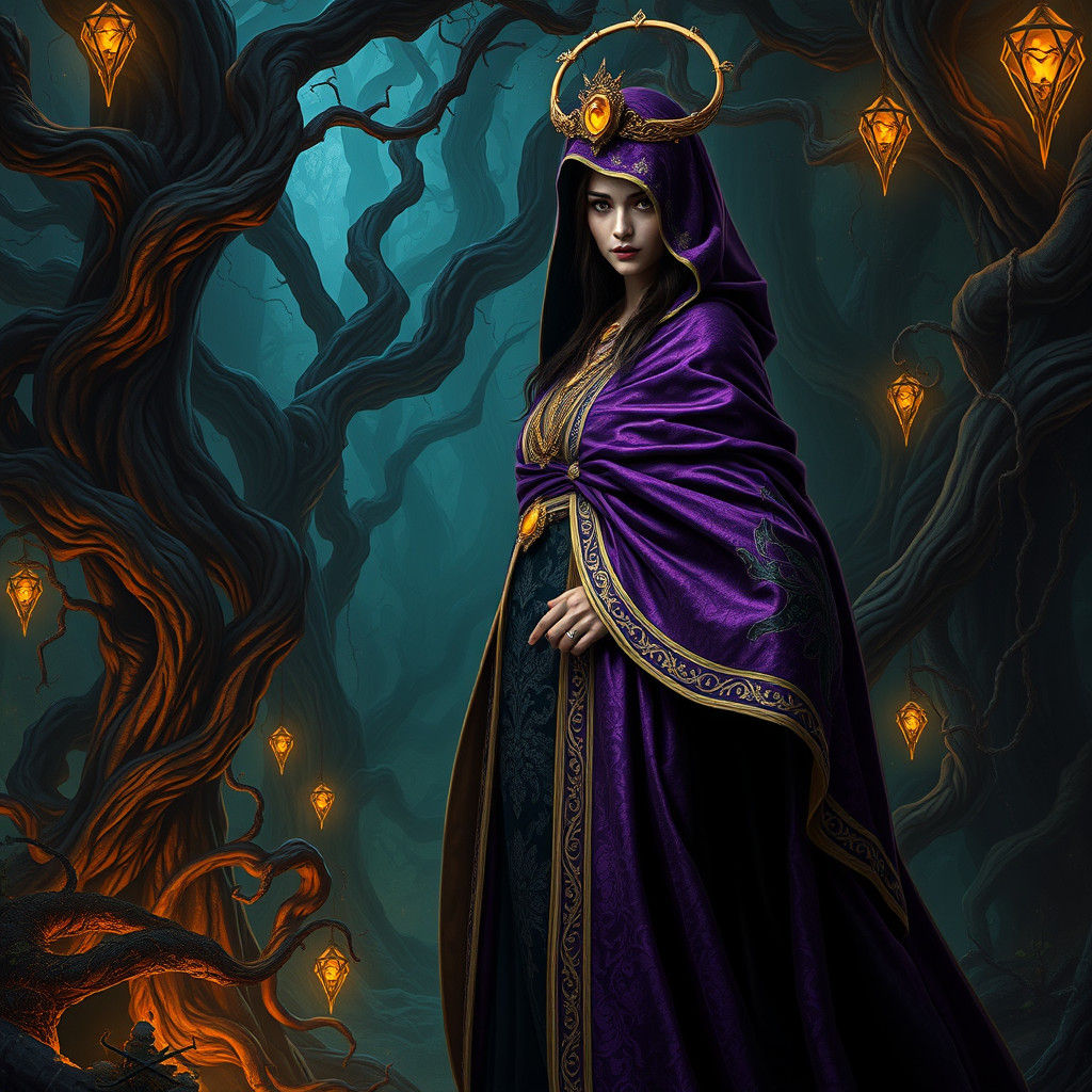 Dark Fantasy Sorceress in Mystical Forest