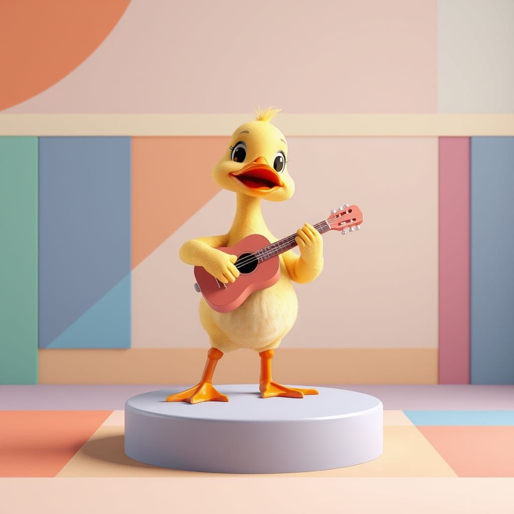 Whimsical Duck Character Strums Guitar in a Vibrant Construc...