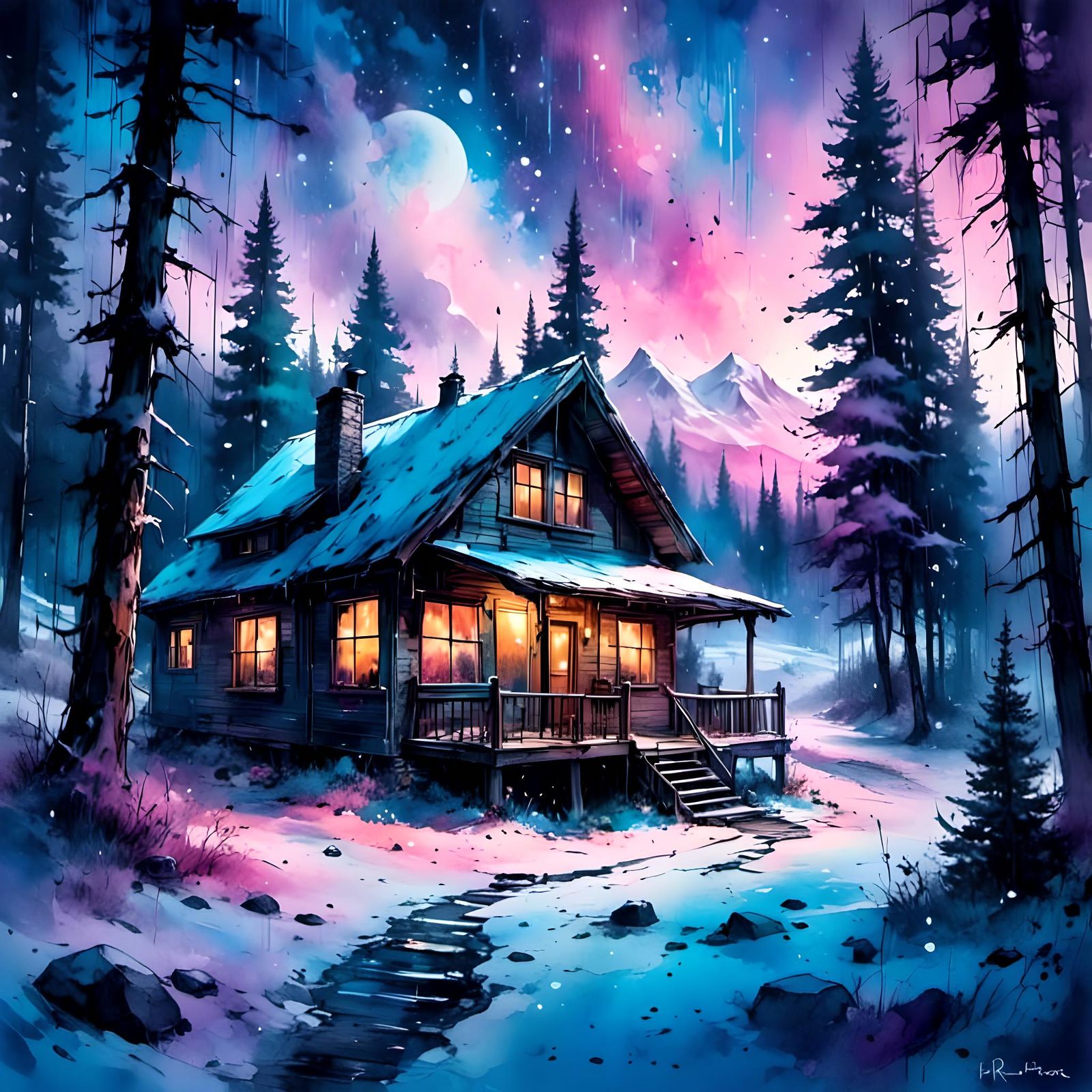 Cozy Winter Cabin in Snowy Landscape, Watercolor Sketch