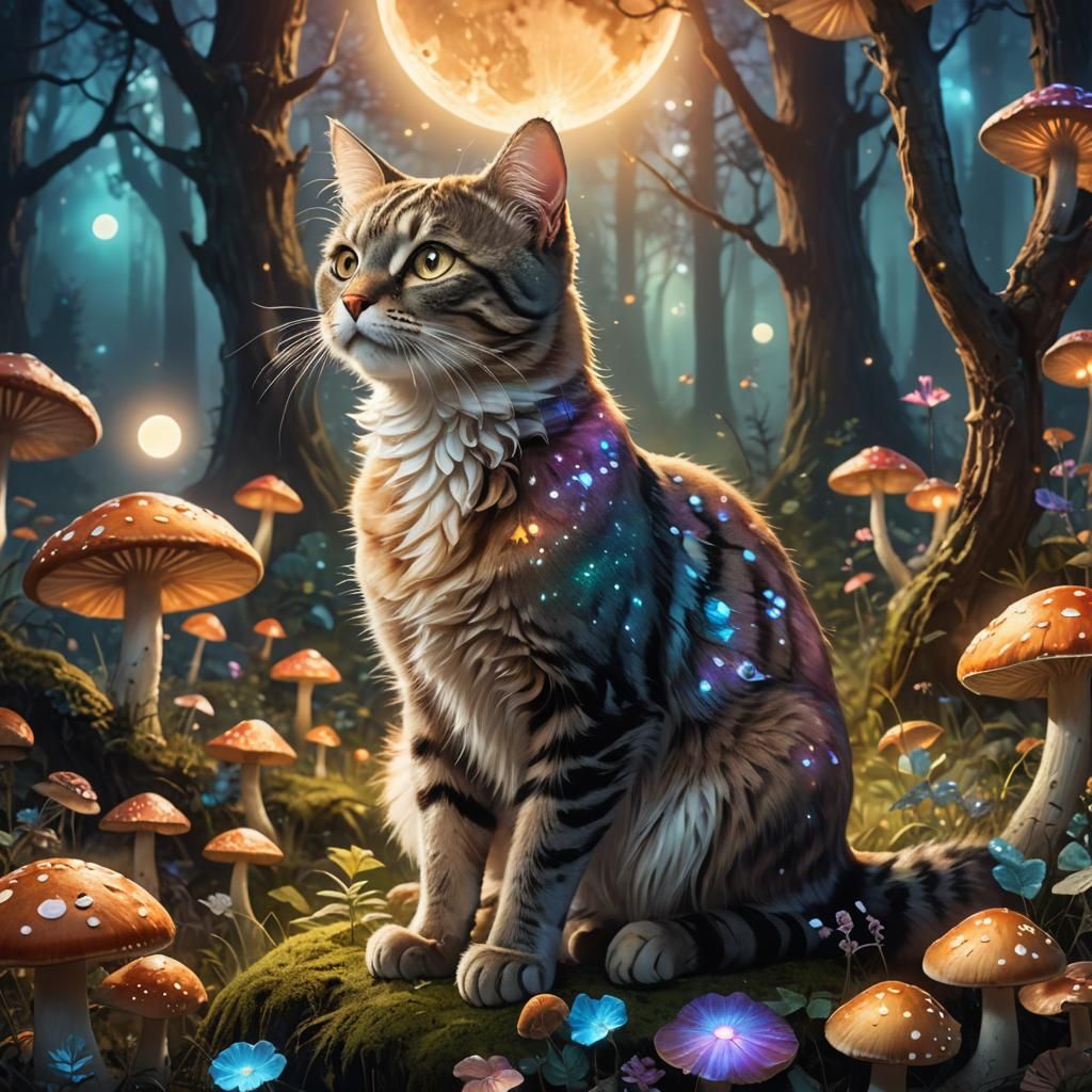 Ethereal Cat in Mystical Forest with Glowing Moon