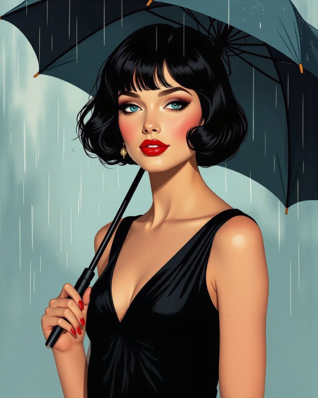 Woman with Red Lips in the Rain