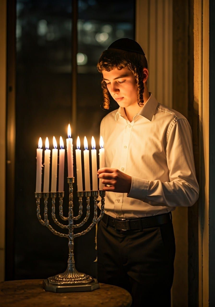 Boy Lights Menorah in Soft Night Light