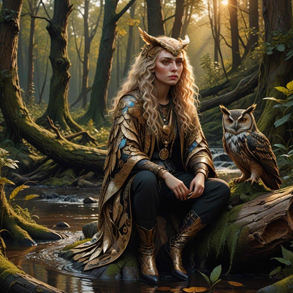 Woman by Forest Stream in Viktor Vasnetsov Style