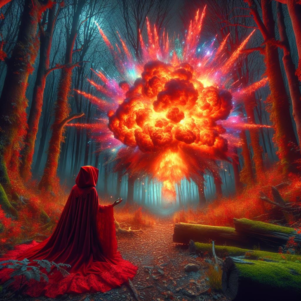 Explosion in Dark Forest with Red Hooded Figure