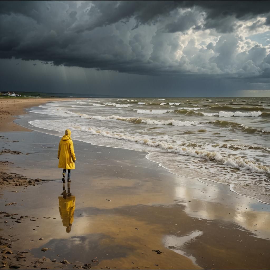 Woman on Deserted Beach in Moody Oil Painting